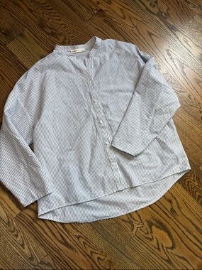 Pull&Bear Women’s Oversized Blue and White Striped Button-Down Shirt, S